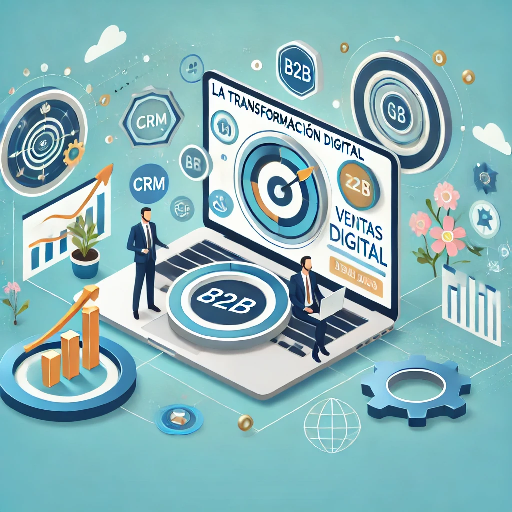 Transformación digital en ventas B2B. Imagen de un equipo empresarial analizando datos en una laptop con CRM y herramientas de automatización. Incluye gráficos de crecimiento y elementos tecnológicos, reflejando estrategias digitales para optimizar ventas, mejorar la experiencia del cliente y expandir negocios